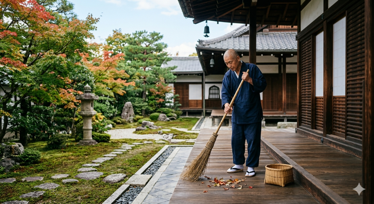 A monk cleaning in Zen Temple