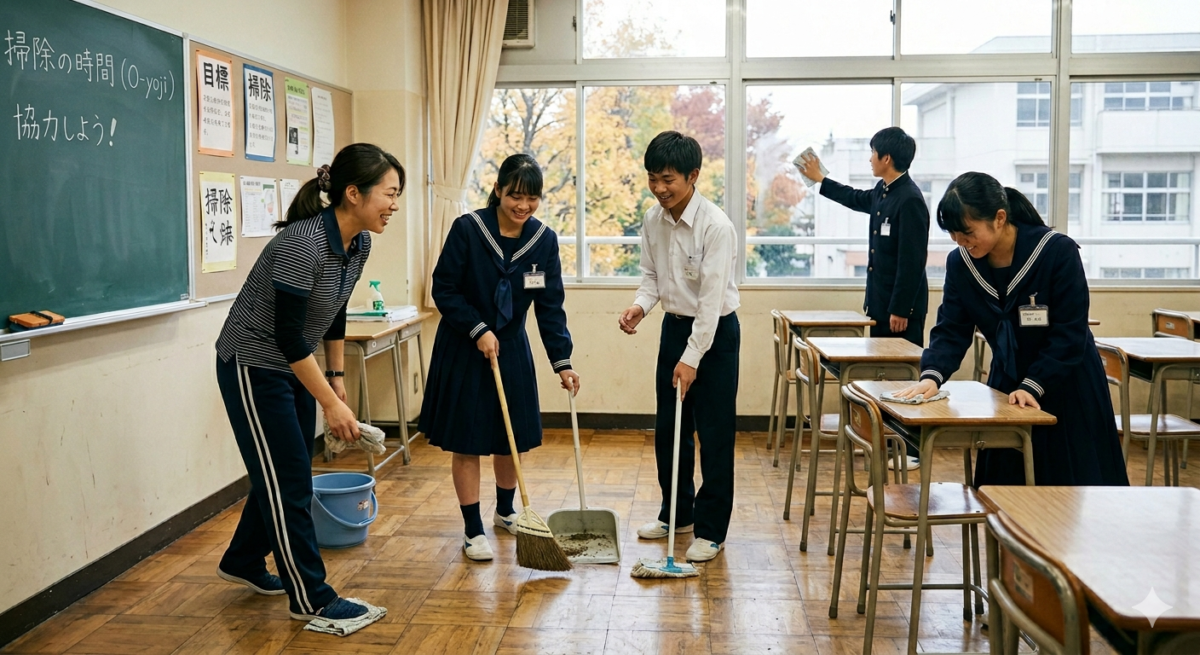 students and a teacher cleaning their classroom